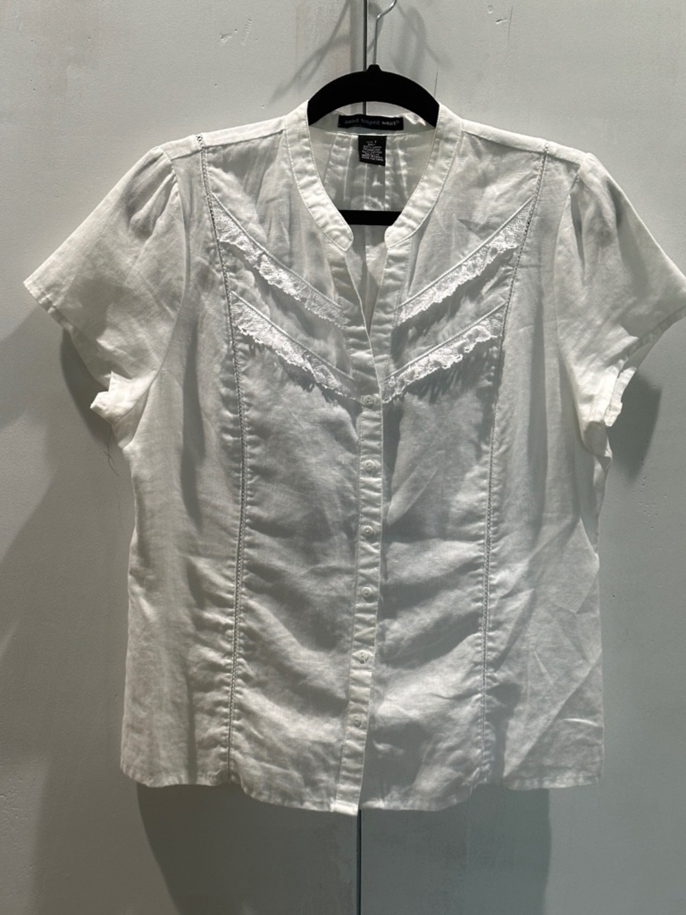 Saint Tropez West White 100% Linen Lace Trim Button Front Blouse Size L